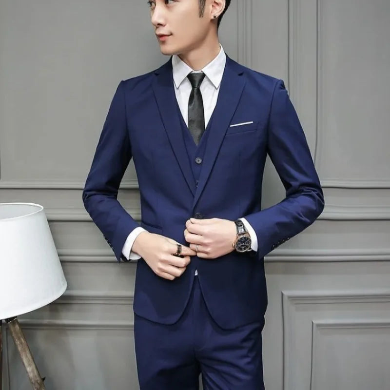 Men Suit 3 Piece Set Slim Fit Korean Style Best Man Groom Wedding Tuxedo Brother Group Formal Attire