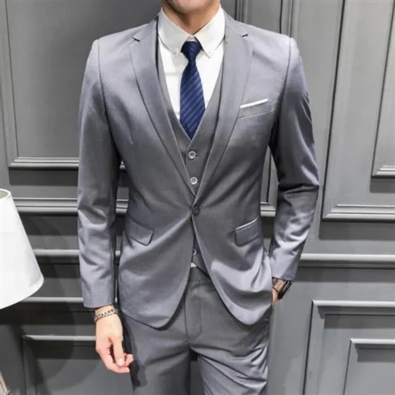 Men Suit 3 Piece Set Slim Fit Korean Style Best Man Groom Wedding Tuxedo Brother Group Formal Attire