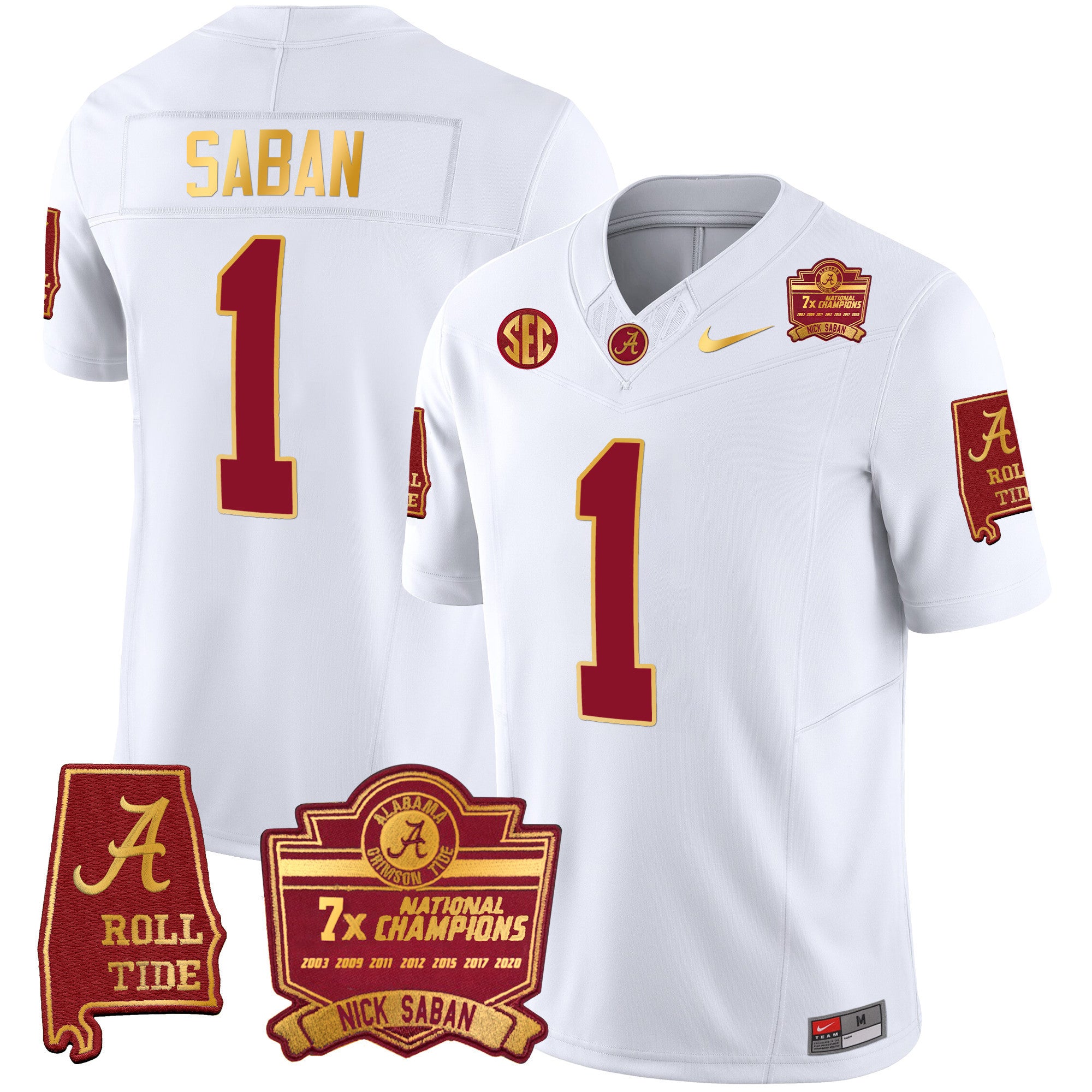 Men's Alabama Crimson Tide Nick Saban 7x Champions Patch Gold Trim Jersey - All Stitched