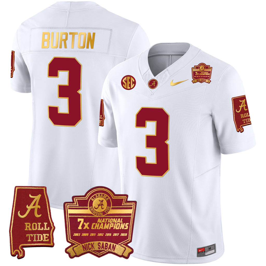 Men's Alabama Crimson Tide Nick Saban 7x Champions Patch Gold Trim Jersey - All Stitched