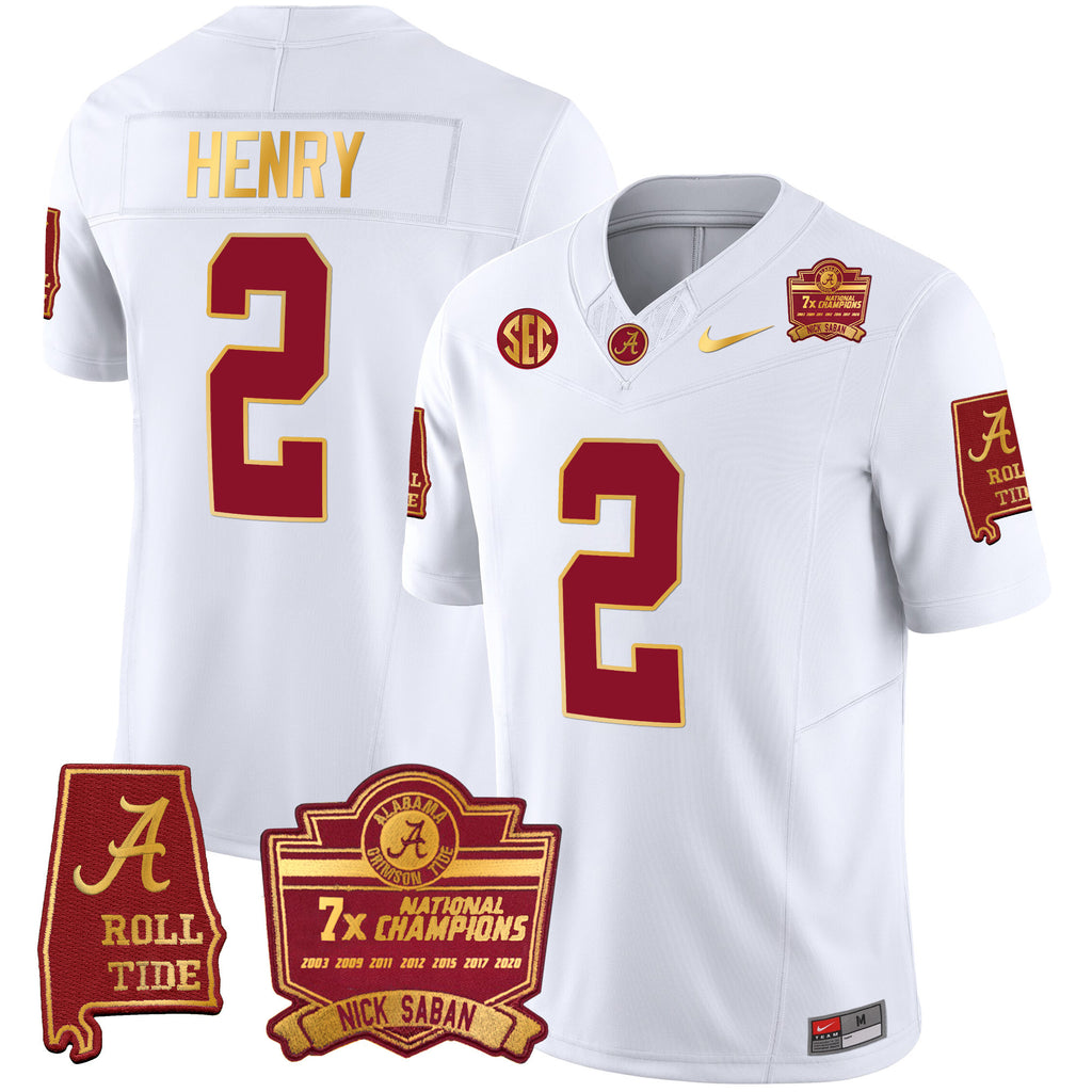 Men's Alabama Crimson Tide Nick Saban 7x Champions Patch Gold Trim Jersey - All Stitched
