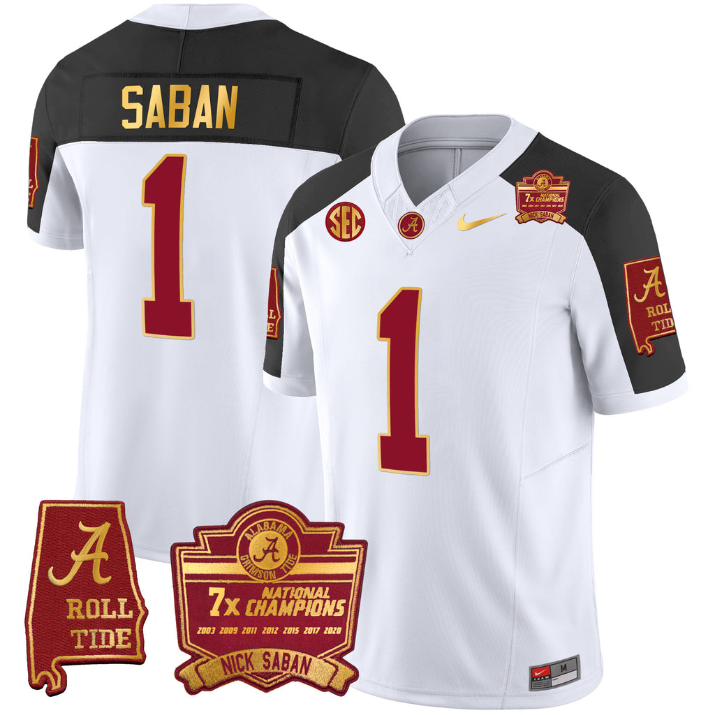 Men's Alabama Crimson Tide Nick Saban 7x Champions Patch Gold Trim Jersey - All Stitched