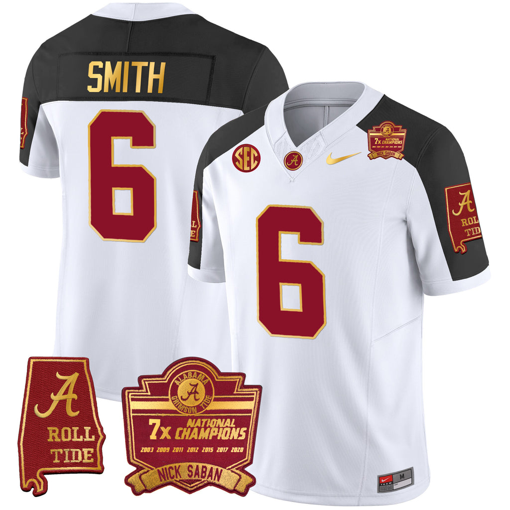 Men's Alabama Crimson Tide Nick Saban 7x Champions Patch Gold Trim Jersey - All Stitched
