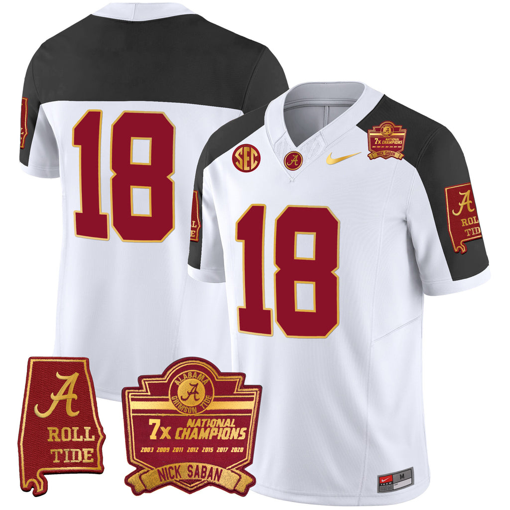Men's Alabama Crimson Tide Nick Saban 7x Champions Patch Gold Trim Jersey - All Stitched