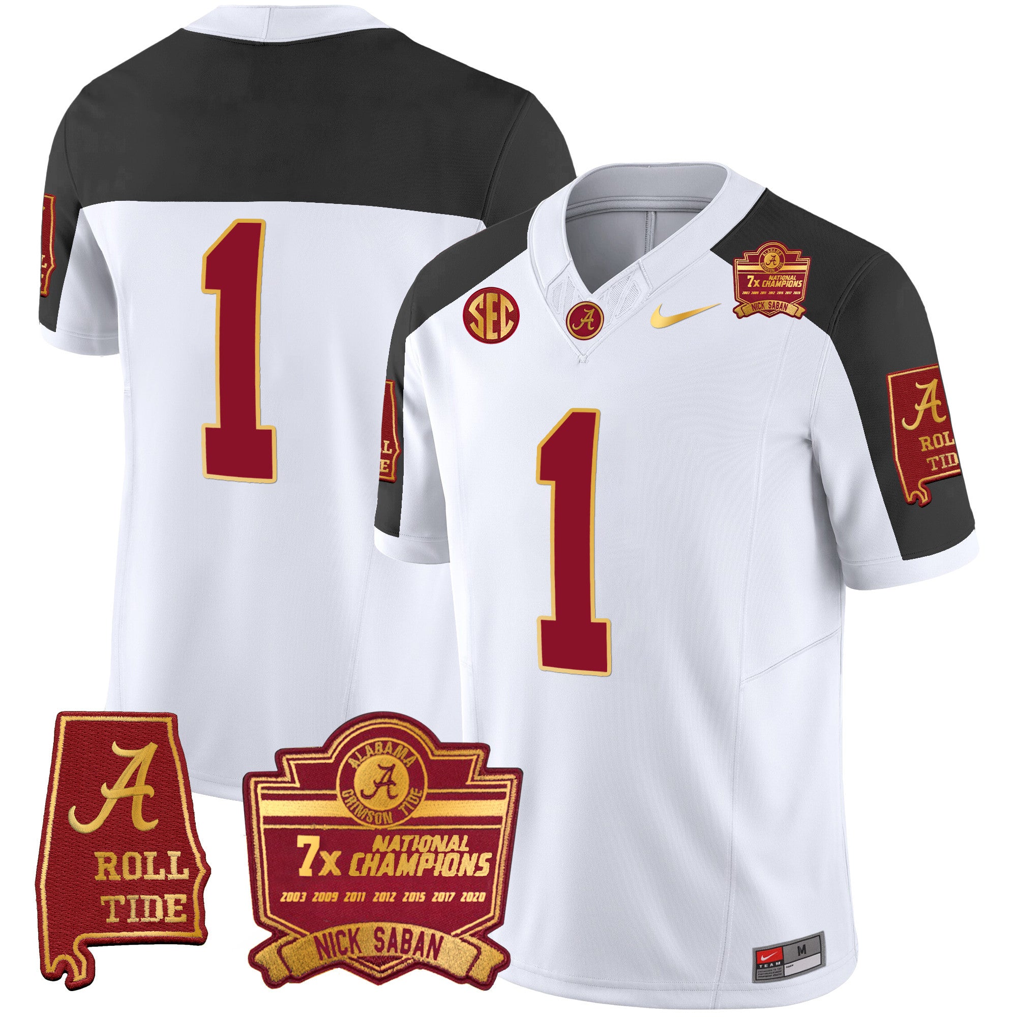 Men's Alabama Crimson Tide Nick Saban 7x Champions Patch Gold Trim Jersey - All Stitched